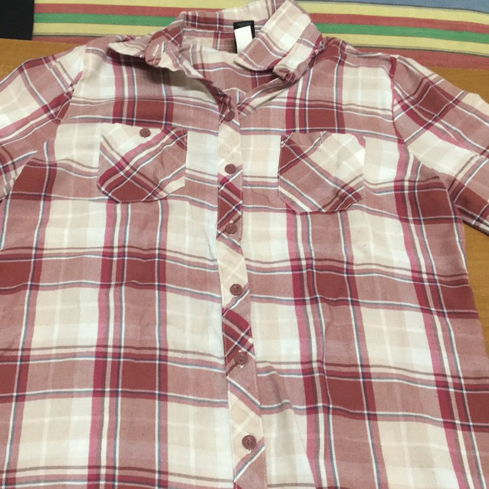 Pink and red flannel with skull on back